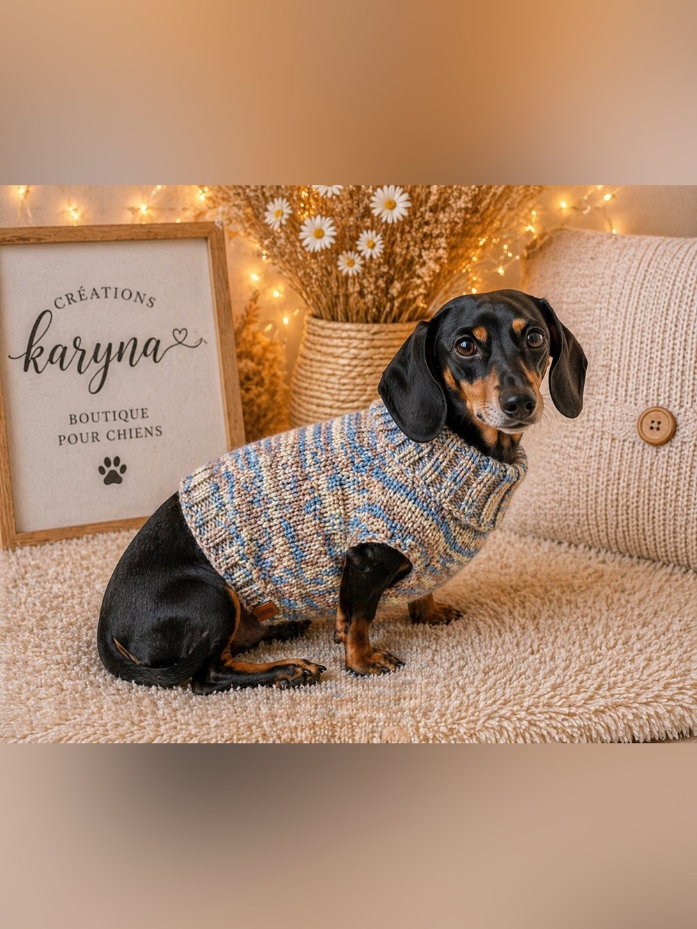 Hand-Knit Marled Blue & Tan Dog Sweater - Cozy Turtleneck for Small Dogs